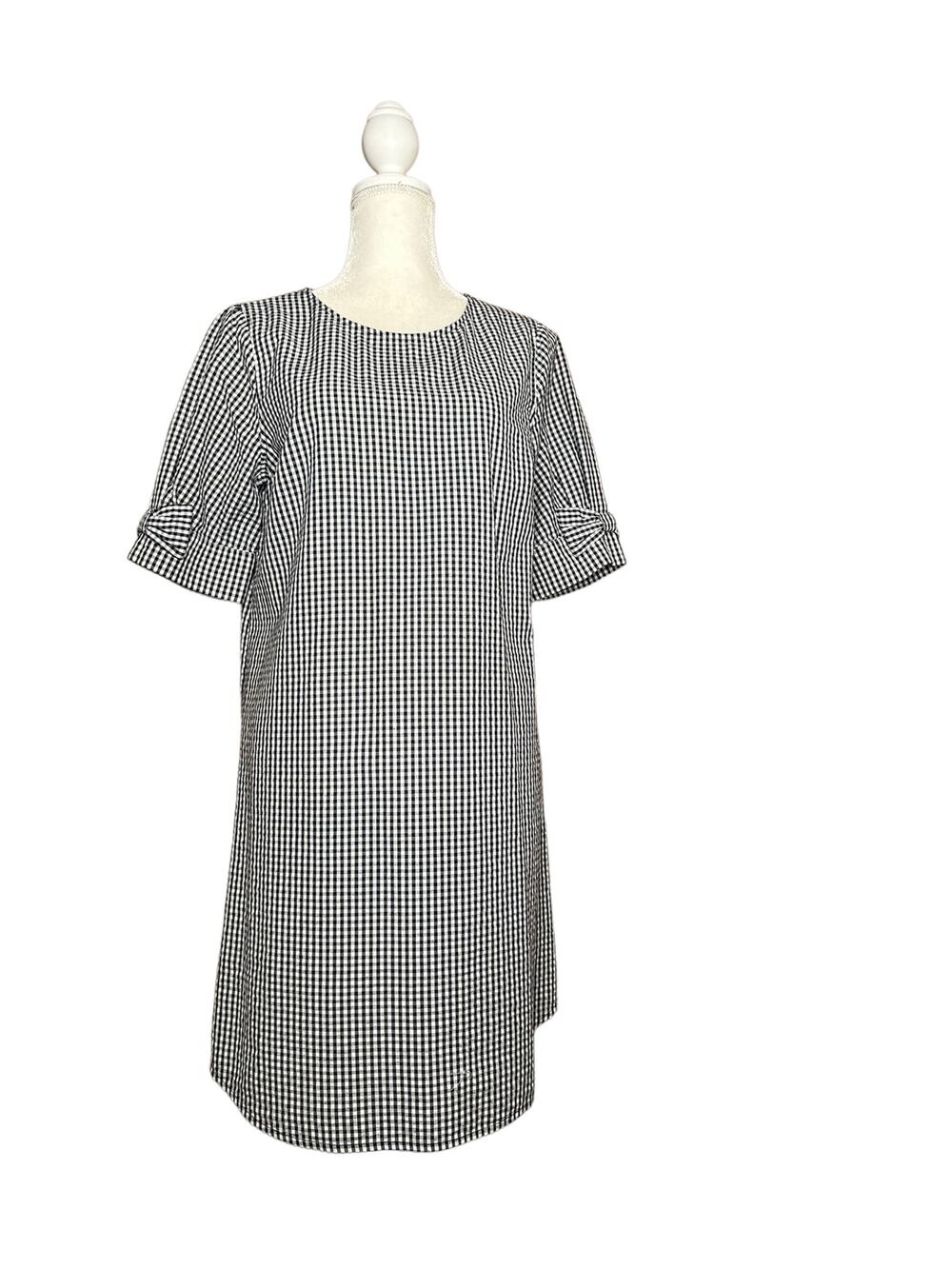 Vintage Belk Gingham Tunic Mini Dress Black White Check Small